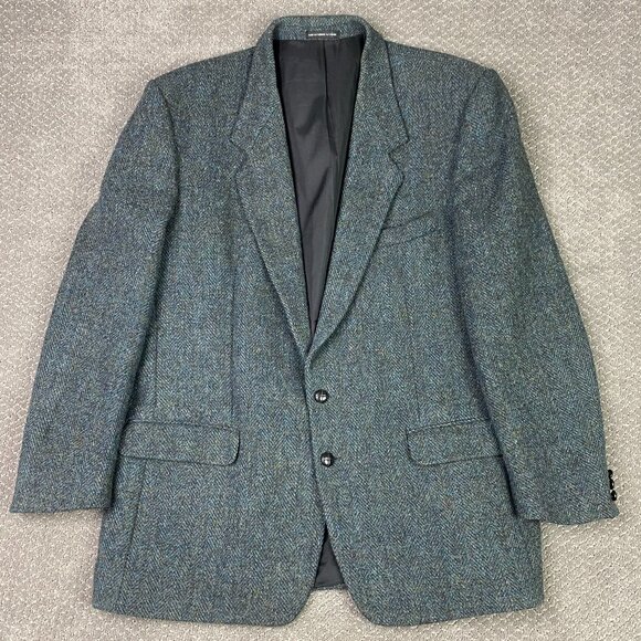 Harris Tweed Herringbone Blazer Sport Coat Men's 46 TALL Turquoise Blue Wool 46L - Picture 1 of 15